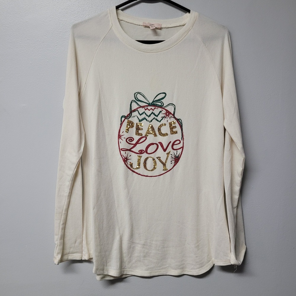 Como Vintage Peace Love Joy Christmas Ornament Sequin Long Sleeve Top Cream M